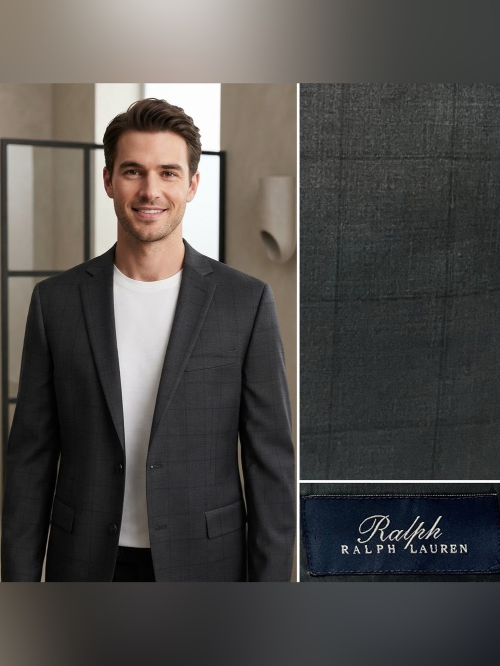 Ralph Lauren Men's 44R Charcoal Gray Windowpane Plaid Wool Blazer Jacket